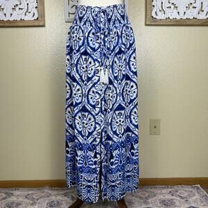 Haute Hippie | Blue White Button Front Boho Maxi Skirt With Tassels Medium M